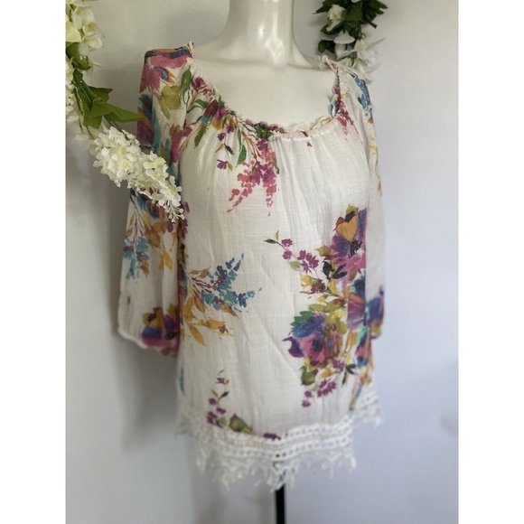 Vintage Spence Small Beige Floral Boho Peasant Blouse Lace Accent 3/4 Sleeve EUC - Picture 1 of 12